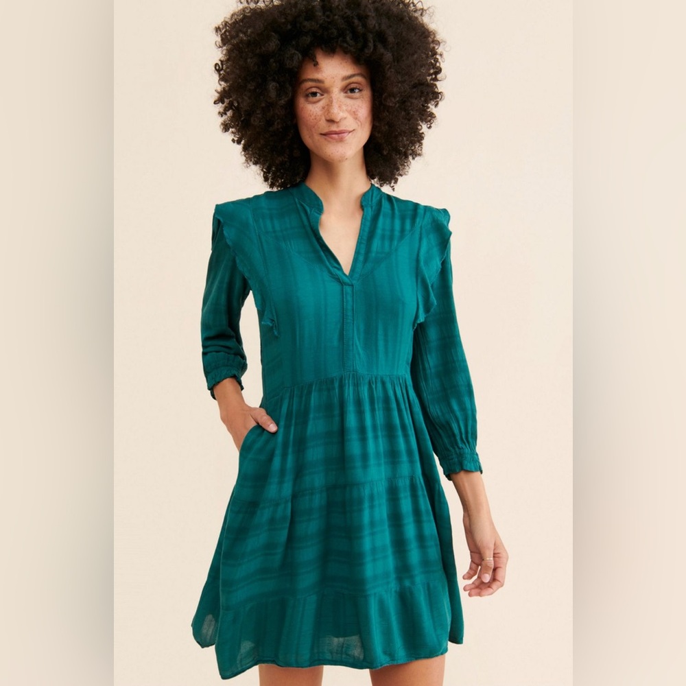 Anthropologie Amadi Ruffled tunic Teal Long Sleeve Dress stripes blue green